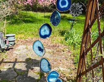 Hand Made in USA Unusual Beautiful 7 Piece Gold Edge Plated Blue Agate Chimes (Natural) (Birch Wood) (AC2059B)