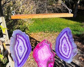 Molino de viento de ágata hecho a mano: rebanadas de ojo de cristal, madera de roble, 30 cm de ancho (S50097M)