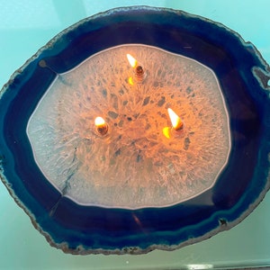 Hand Made in USA One of a kind 8 1/8&quot; Wide Crystal Eye Banded Agate 3 Flame Candle (Teal) (1 Oil Reservoir) (C10308B)
