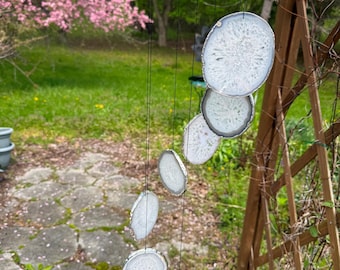 Hand Made in USA Unusual Beautiful 7 Piece Silver Edge Plated White Crystal Agate Chimes (Natural) (Birch Wood) (AC2058N)