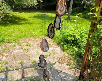 Made in USA 32 3/4" Long 7 Piece Rare Hollow Distressed Agate Chimes (Natural) - Birch Wood (AC1977N)