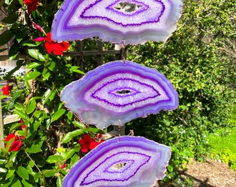 Hand Made in USA Exotic Wind Powered 21 1/2" Long 4 Piece Hollow Crystal Banded Agate Wind Spinner (Purple Color) - (S50090P)