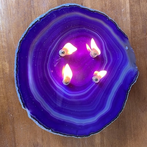 Hand Made in USA Very Large Colorful Crystal 8&quot; Banded 4 Flame Agate Candle (Purple) (1 Reservoir) (C10314P)