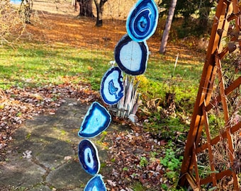 Hand Made in USA Unusual Beautiful 7 Piece Large Crystal Eye Blue Agate Chimes (Natural) (Birch Wood) (AC2036B)