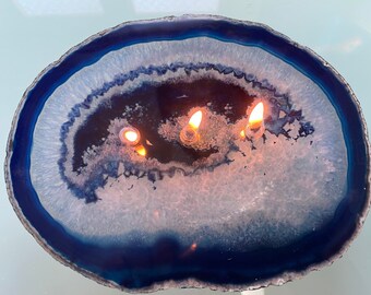 Made in USA One of a kind Huge 8" Wide Crystal Eye Agate 3 Flame Candle (Blue) (1 Oil Reservoir) (C10309B)