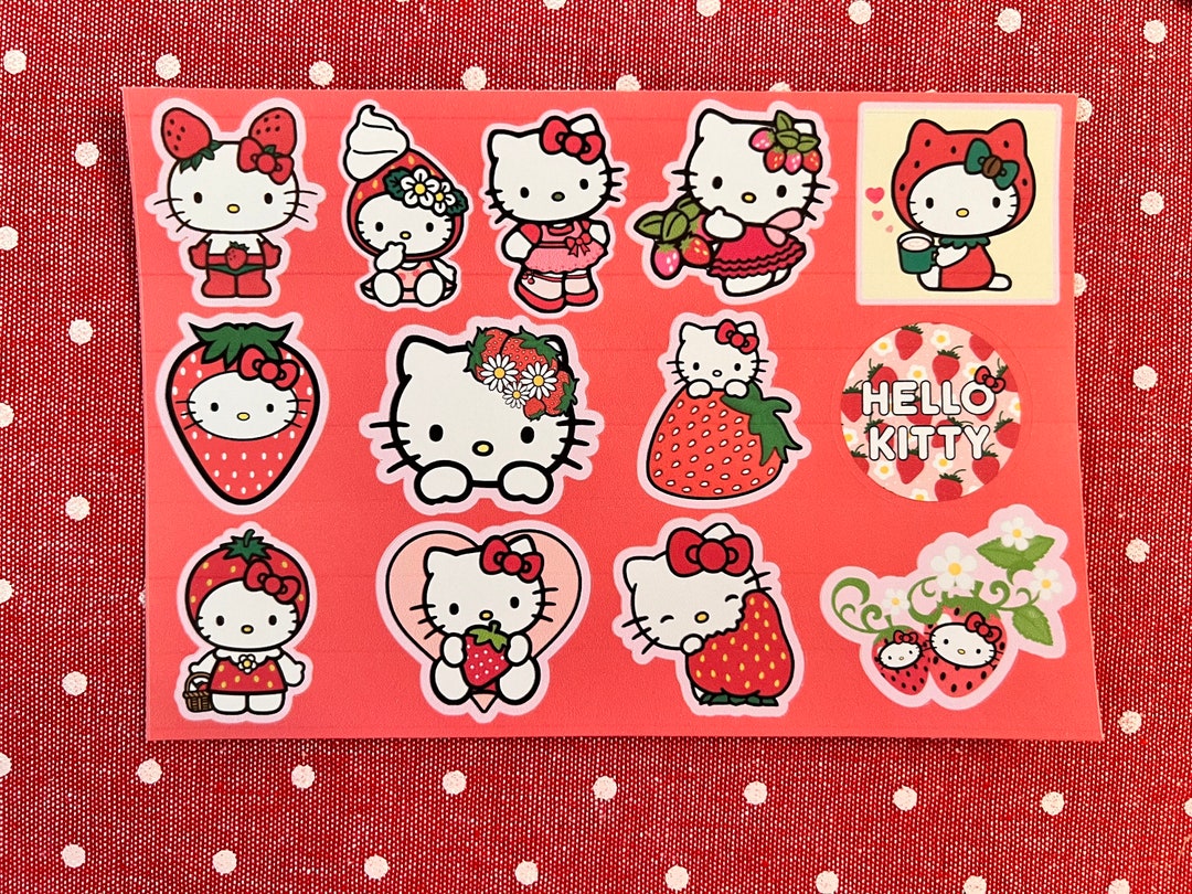 Hello Kitty and Strawberries Shaped Stickers, Matte - Etsy display picture 1