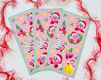 One Sheet Set of 7+ Kirby Christmas Stickers, matte