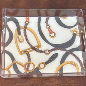 Equestrian Acrylic Serving Tray | Classic Stirrup, Bits and Reins Pattern Vanity Tray Polo and Horse Lover Gift | Ralph Lauren Inspired