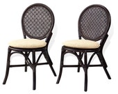 Set of 2 Denver Natural Rattan Wicker Dining Accent Side Chair with Cream Cushions Handmade, Dark Brown