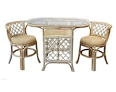 Natural Rattan Wicker Borneo Compact Dining Set Table with Glass Top 2 Chairs White Wash Handmade