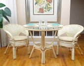 Pelangi Rattan Wicker Dining Set of Round Table Glass Top 2 Arm Chairs, White Wash