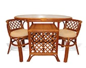 Natural Rattan Wicker Furniture Borneo Compact Dining Set Table with Glass Top 2 Chairs Colonial Handmade