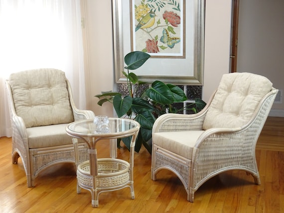 Jam Rattan Wicker Living Set 3pc Coffee Table 2 Chairs w//Cushions 3 Colors