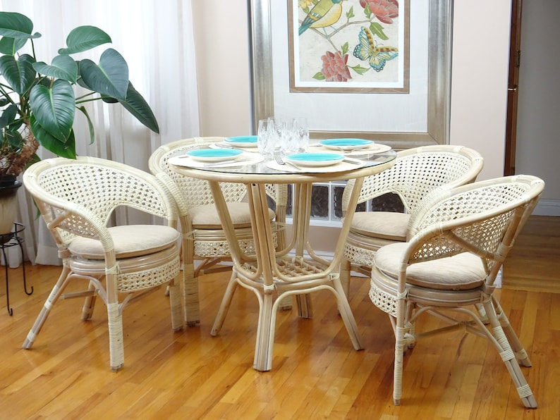 Pelangi Rattan Wicker Round Dining Table with Glass Top White Etsy
