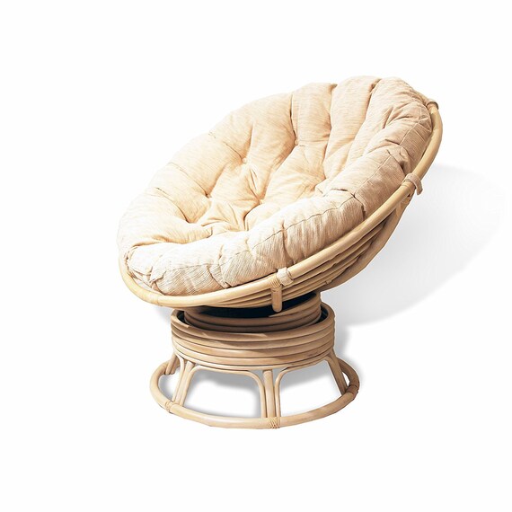 Papasan Natural Rattan Wicker Swivel Rocking Round Chair With Cream Cushion White Wash