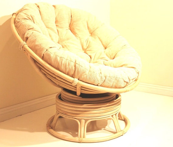 Papasan Natural Rattan Wicker Swivel Rocking Round Chair With Cream Cushion White Wash