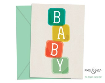 Baby Block Illustrated Baby Card | Baby Shower Card | Pregnancy Card | New Baby | Congrats New Parents | Pixel and Stitch