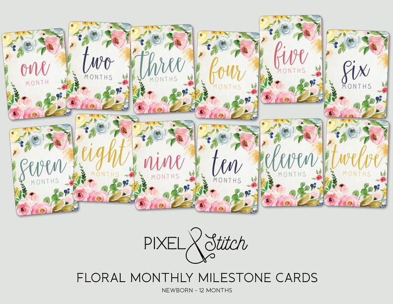 Watercolor Floral Monthly Milestone Cards Baby Girl Baby | Etsy