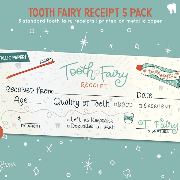 Tooth Fairy Receipt 5 Pack | Tooth Certificate | Printed on Shimmery Metallic Paper | Pixel & Stitch