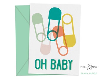 Diaper Pin Illustrated Oh Baby Card | Baby Shower Card | Pregnancy Card | New Baby | Congrats New Parents | Pixel and Stitch