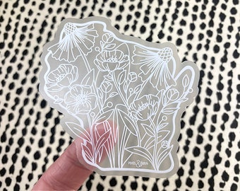 Clear Wisconsin Sticker Hand Illustrated Floral 3" Waterproof Vinyl Decal | Wildflower | Flower Decal | Clear + White | Pixel & Stitch