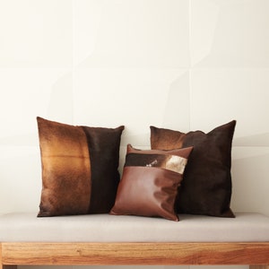 Throw Pillow Brown Leather. Pillow Cover. Decorative Throw Pillow. Throw Euro Toss. Pillows Arrangement. Cozy Home. Modern, Chic, Boho. image 2