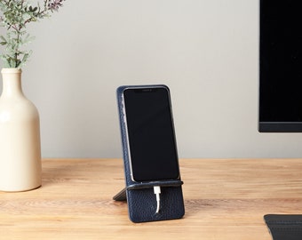 Phone Stand Navy Leather. Phone Holder. Mobile Desk Setup. Desk/Bedside Phone Holder. Charging Station. Home Office. Tech Gifts. Men Gifts