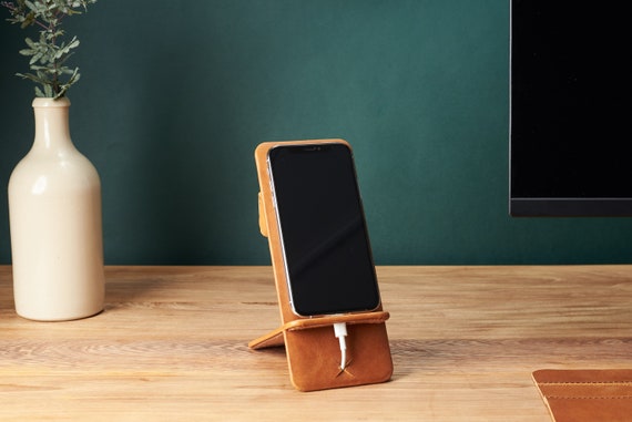 Phone Stand Tan Leather. Phone Holder. Mobile Desk Setup. Desk