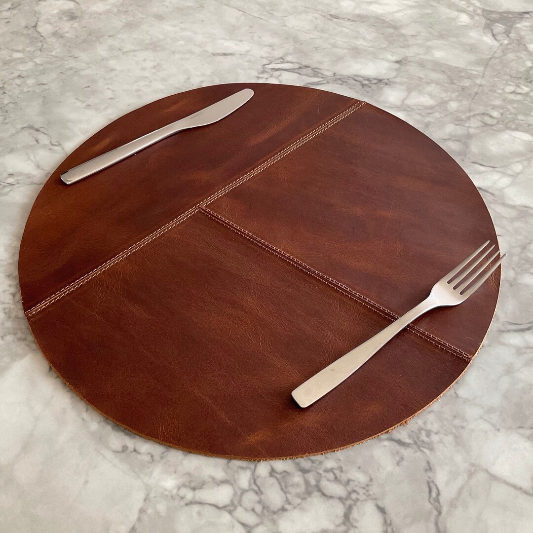Distressed Tan Round Leather Placemats Set, Wedding Decor, Table