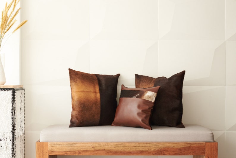 Throw Pillow Brown Leather. Pillow Cover. Decorative Throw Pillow. Throw Euro Toss. Pillows Arrangement. Cozy Home. Modern, Chic, Boho. image 2