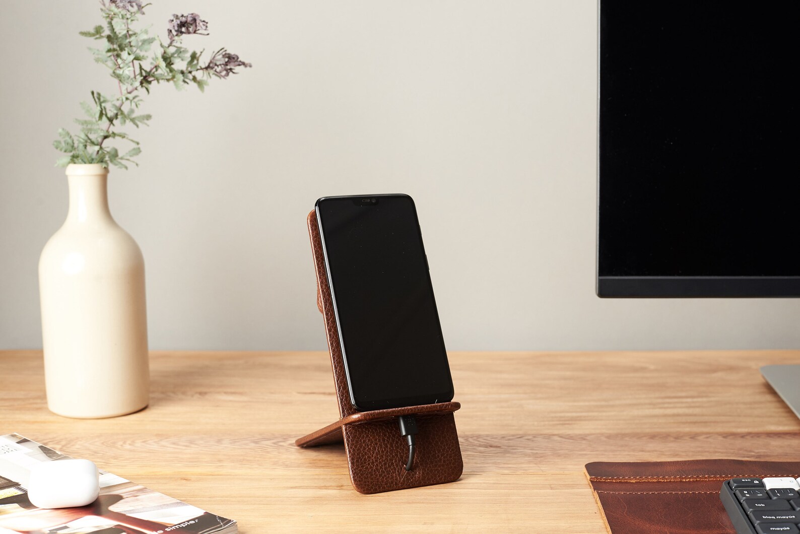 Phone Stand Brown Leather. Phone Holder. Mobile Desk Setup. | Etsy