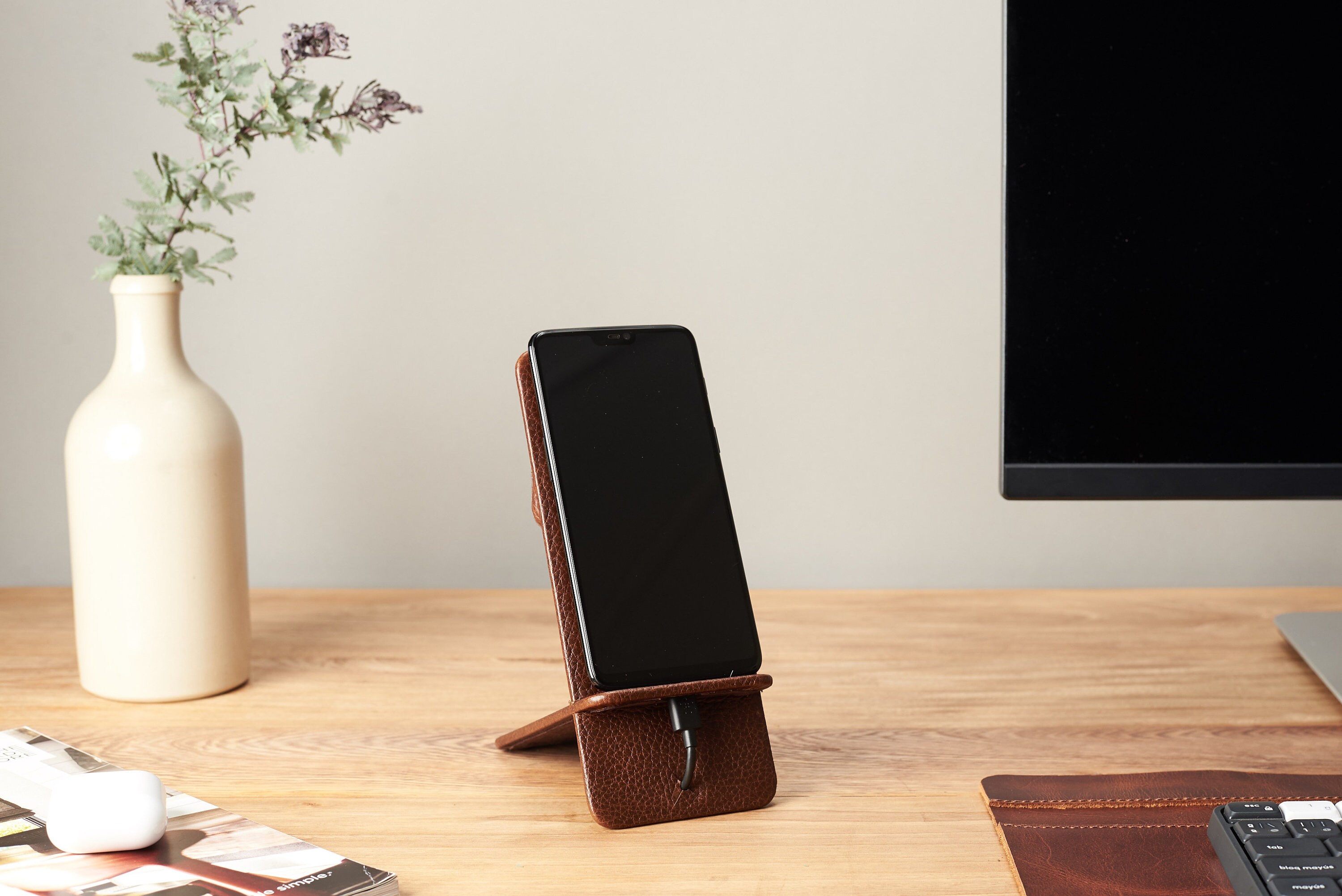 Phone Stand Brown Leather. Phone Holder. Mobile Desk Setup. Desk