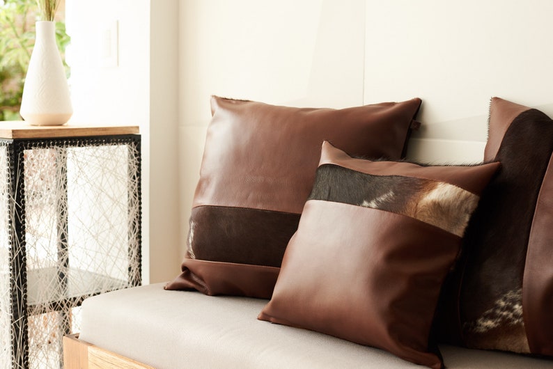 Throw Pillow Brown Leather. Pillow Cover. Decorative Throw Pillow. Throw Euro Toss. Pillows Arrangement. Cozy Home. Modern, Chic, Boho. image 4