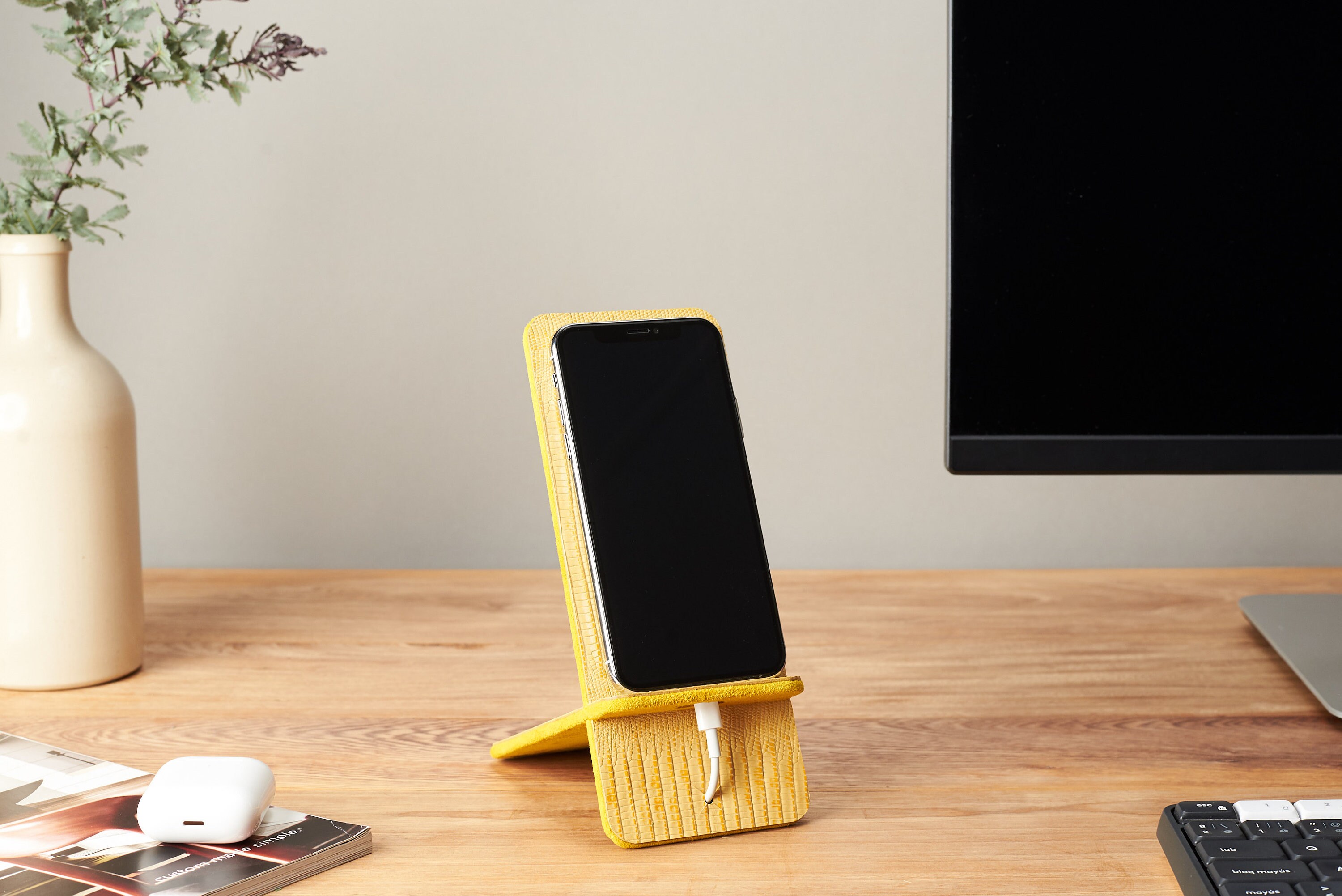 Limited Edition Phone Stand Yellow engraved Leather. Phone Holder. Mobile  Desk Setup. Bedside Phone Holder. Charging Station. Home Office.