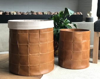 Leather Storage Bin, Storage Basket, Living Room Decoration Bin, Laundry Hamper, Laundry Leather Basket, Blanket Bin, Leather Planter