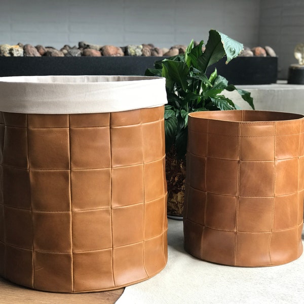 Leather Storage Bin, Storage Basket, Living Room Decoration Bin, Laundry Hamper, Laundry Leather Basket, Blanket Bin, Leather Planter