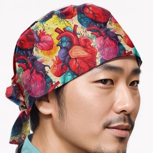 Cardiac scrub cap, anatomy heart euro scrub hat, tie back caps for men, man surgical hat