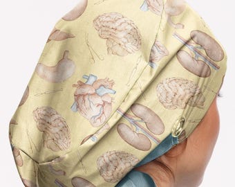 Anatomy Print Ponytail Scrub Cap with Buttons: Medical Nurse Hat