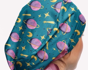 Space Scrub Cap: Planets, Stars, Ponytail Surgical Hat