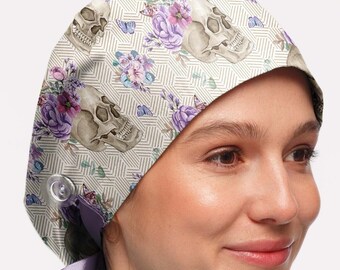 Skull Floral Ponytail Scrub Cap with Buttons: Medical Anatomy Hat