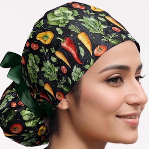 Vegetables scrub cap for women, tomatoes, pepper, lettuce euro surgical hats, veggie nurse caps