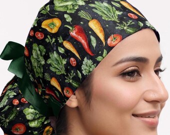 Vegetables scrub cap for women, tomatoes, pepper, lettuce euro surgical hats, veggie nurse caps