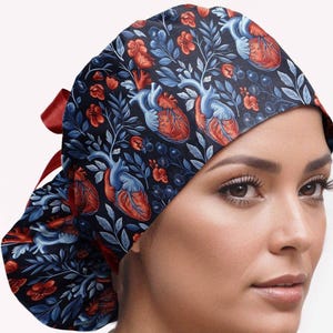 Anatomic heart ponytail scrub cap, cardiac nurse hat, euro surgical cap for women