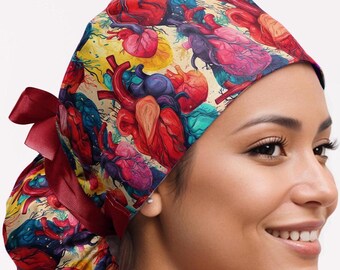 Sacred Heart Print Scrub Cap Bouffant Adjustable Tie Back Surgical‎ Hat Surgical Scrub Hat Tie in Back Anatomic Heart Black and Red  main image 4