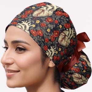 Anatomy Heart Scrub Cap: Floral Medical Ponytail Hat