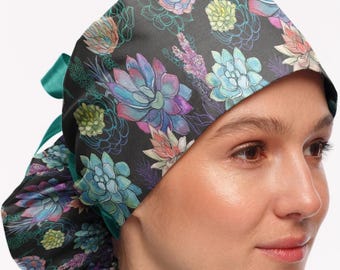 Succulent Scrub Cap: Ponytail Surgical Hat with Buttons