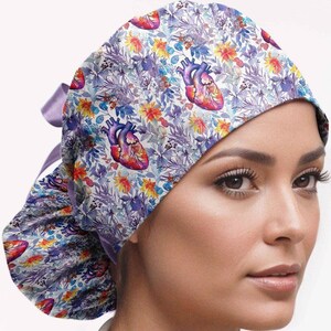 Anatomic heart ponytail scrub cap, cardiac nurse hat, euro surgical cap for women