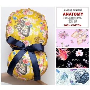 Anatomy scrub cap with buttons, heart surgical cap women, ponytail medical hat, brains scrub cap