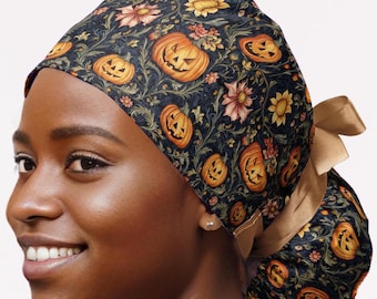 Halloween Pumpkin Scrub Cap: Medical Surgical Hat, Women's/Men's, Tie Back/Ponytail