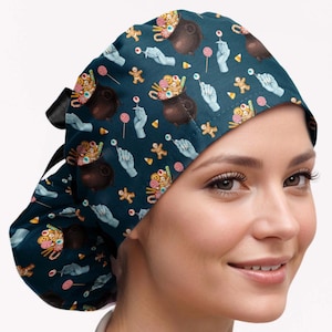 Trick or treat scrub cap, halloween surgical cap for women, scary ponytail scrub caps, spooky euro scrub hat